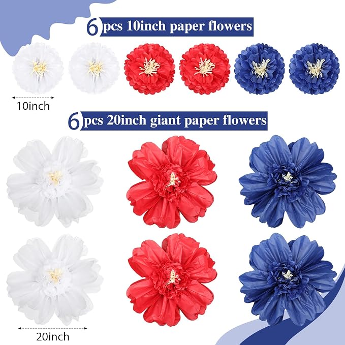 Crowye 12 Pcs Large Colorful Tissue Paper Flowers Decorations Giant Fiesta Craft Crepe Paper Flowers for Wall Decor Backdrop Mexican Wedding Birthday Carnival Party (10'' 20'',Patriotic Color)