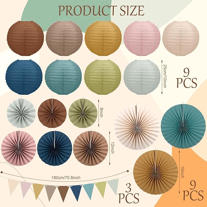 Kosiz 21 Pcs Boho Party Decoration Back to School Hanging Paper Fans Triangle Flags Paper Lanterns Set First Day of School Wall Hanging Fans for Classroom Decor Birthday Baby Shower Wedding
