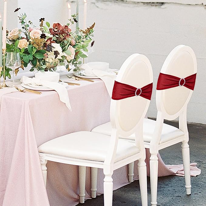 SquarePie Pack of 50 Red Chair Sashes Bows with Buckle Slider Universal Elastic Spandex Bands Ties for Banquet Event Decor