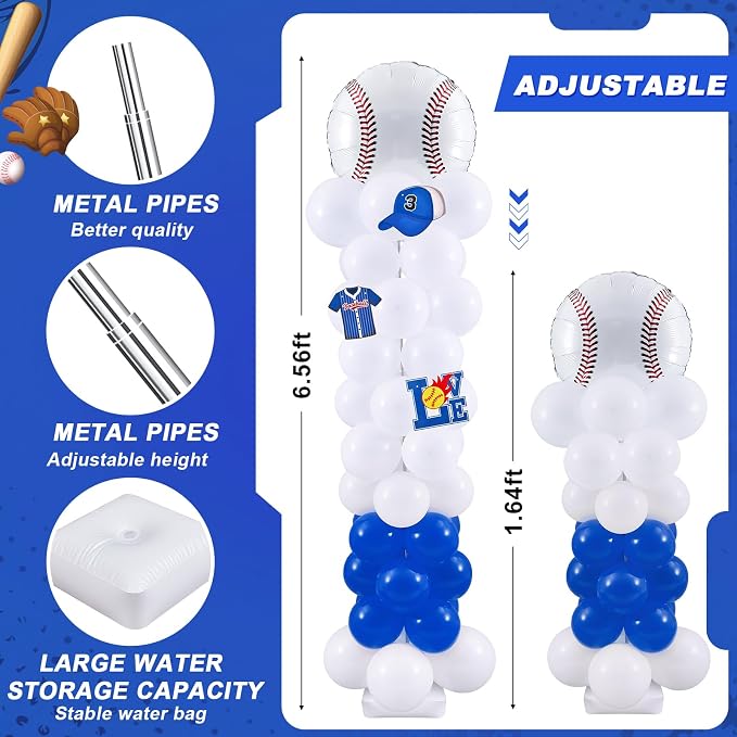 Gejoy 2 Sets Baseball Balloon Column Stand Kit with 253 Baseball Latex Balloons 7 Cards 6.5 ft Adjustable Towers Kit for Sports Theme Party Team Celebration Tournament