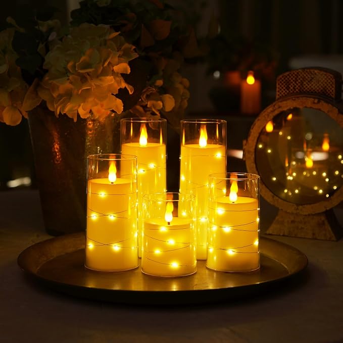 Homemory 9 Pcs Flameless Candles with Embedded Star String Fairy Lights, Battery Operated Candles, LED Candle, Fake Candles with Remote Control and Timer (Ivory)