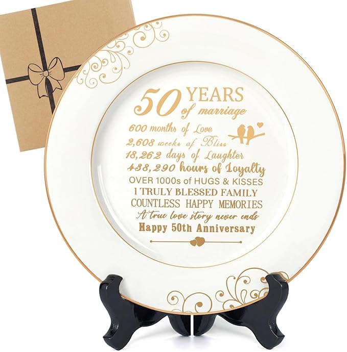 Urllinz 50th Anniversary Plate with 24k Gold Foil - 50 Year Anniversary Wedding Gifts for Couples Parents, Happy Marriage Decorations for Him Her, Ceramic 9"