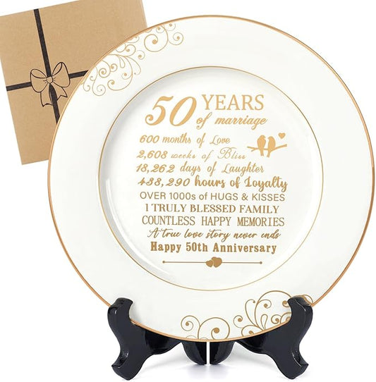 Urllinz 50th Anniversary Plate with 24k Gold Foil - 50 Year Anniversary Wedding Gifts for Couples Parents, Happy Marriage Decorations for Him Her, Ceramic 9"