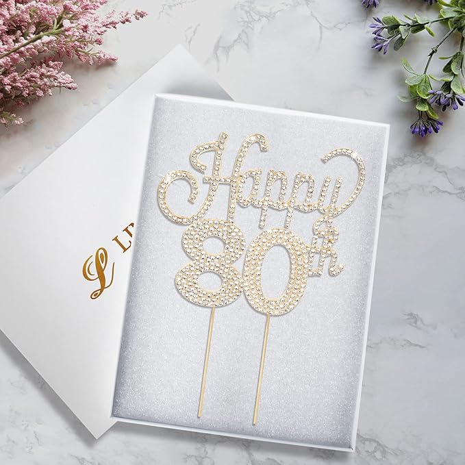 LINGTEER Happy 80th Birthday Gold Rhinestone Cake Topper - Cheers to 80th Birthday Eighty Years Old Anniversary Party Cake Centerpieces Topper Decorations Gift Sign.