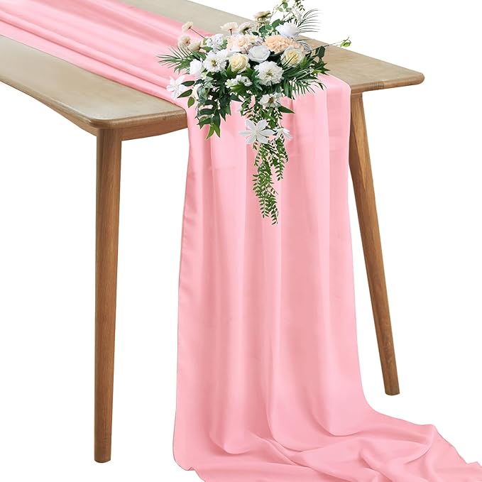 Horbaunal Light Pink Chiffon Table Runners 10FT Sheer Chiffon Runner 29x120 Inches Romantic Boho Rustic Table Runner for Wedding Party Bridal Baby Shower Table Decorations