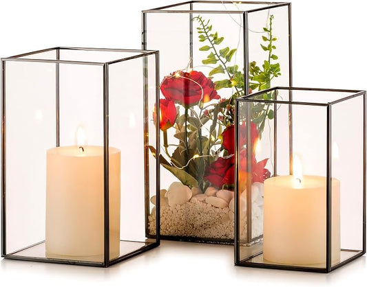 Nuptio Glass Hurricane Candle Holder for Pillar Candles 3 Pcs Black Metal Candle Holders Large Rectangular Candleholder Vase Centerpieces Decoration for Halloween Christmas Party 9.5 & 8.1 & 6.5 inch