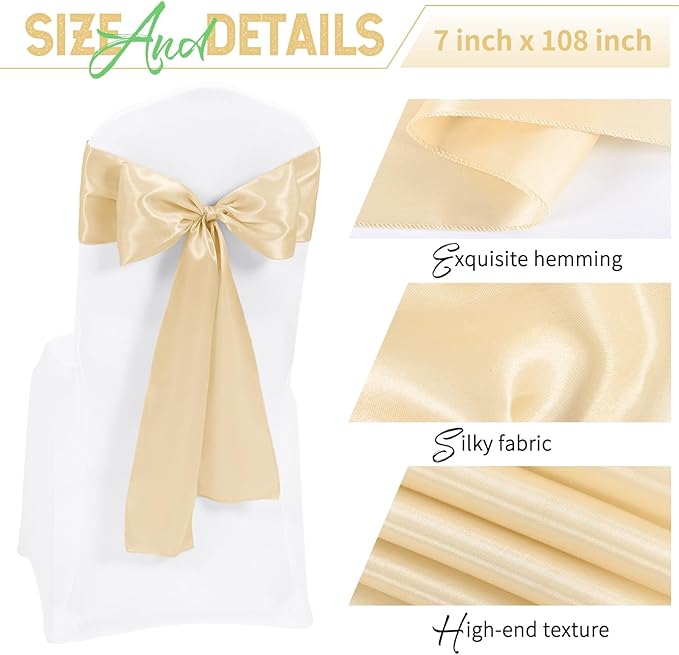 60 PCS Champagne Satin Chair Sashes, Ties Bows Designed Chairs Decorative, Chair Cover Sashes for Thanksgiving Wedding Christmas Banquet Party Home Kitchen Decoration (7 x 108 inch)