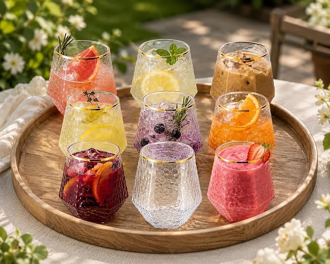 Oojami 40 count Diamond 12 Ounce Cups Unbreakable Stemless Plastic Wine Champagne Whiskey Glasses Elegant Durable Disposable Indoor Outdoor Ideal for Home, Office, Bars, Wedding, (Hammered Gold Rim)