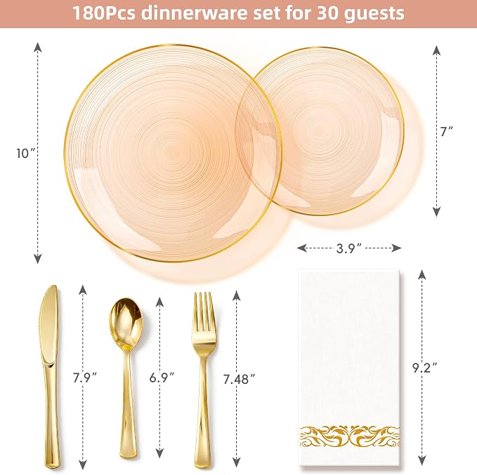 N9R 180PCS Mocha Mousse Plastic Plates with Gold Trim, Disposable Party Dinnerware Set for 30 Guests, Include 30 Dinner & Salad Plates, Napkins, Forks, Spoons and Knives