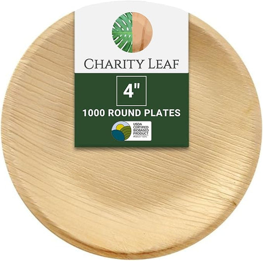 Charity Leaf Disposable Palm Leaf 4" Round Plates (1000 pieces) Bamboo Like Serving Platters, Disposable Boards, Eco-Friendly Dinnerware For Weddings, Catering, Event