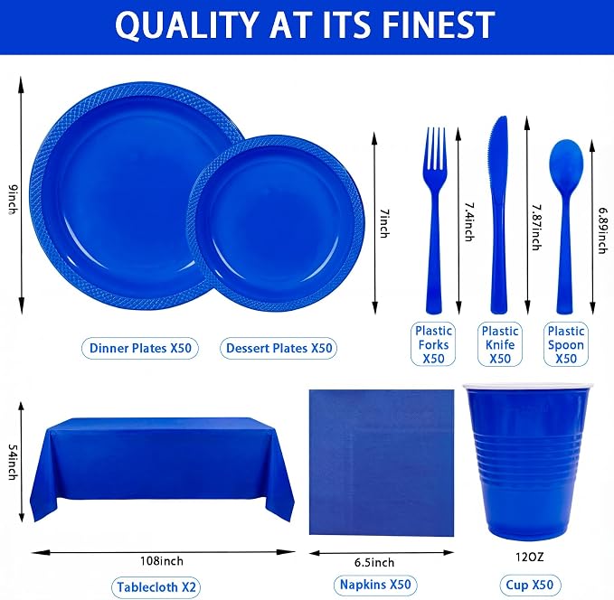 352 Pcs Blue Plastic Plates Party Set, 50 Guests Disposable Dinnerware Set with Deep Blue Tablecloths, Classic Blue Plastic Plates Party Set for Wedding/Anniversary/Nautical Party/Men's Event