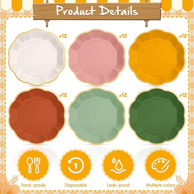 72 Pcs Boho Color Paper Plates 9 Inch Colorful Rainbow Scalloped Paper Disposable Dinner Dessert Plates for Birthday Wedding Bridal Party Supplies, 6 Colors
