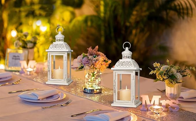 Lantern Decorative Indoor&Outdoor, 2 Pack 14.4'' Large Metal Candle Lanterns, Vintage Hanging Candle Holders for Farmhouse Wedding Front Porch Patio, Halloween Christmas Decorations for Home