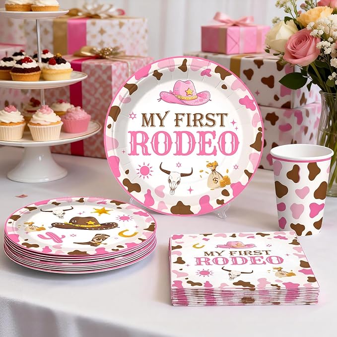 Cocomigo 272 PCS My First Rodeo Decorations Girl, First Rodeo Birthday Decorations Girl Party Supplies with Balloon Garland, Backdrop, Tableware for 25 Guests, High Chair Banner, Balloon Boxes