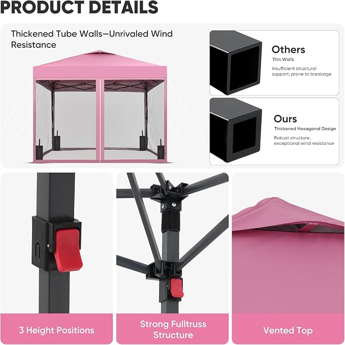 GDY 10x10 Pop-up Canopy Tent with 4-Mosquito Nettings, Outdoor Screen Gazebo with 4 Sandbags, 4 Ropes & 8 Stakes, 3-Level Height Adjustment for Patio, Camping, and Backyard, Pink