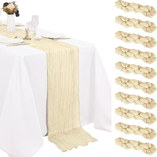10 Pack Lvory Cheesecloth Table Runner 10FT Boho Gauze Fabric Cheese Cloth Table Runners for Wedding ,Party,Baby Shower, Bridal Party, Rustic Farmhouse and Table Decorations