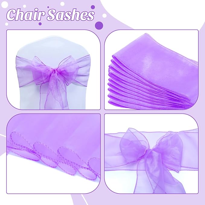 MDS® Pack of 25 Organza Chair Sashes for Wedding Decoration, Reusable Sheer Chair Bows for Banquet Chair Cover, Reception, Bridal Shower, Baby Shower, Birthday Party & Special Events - Light Purple