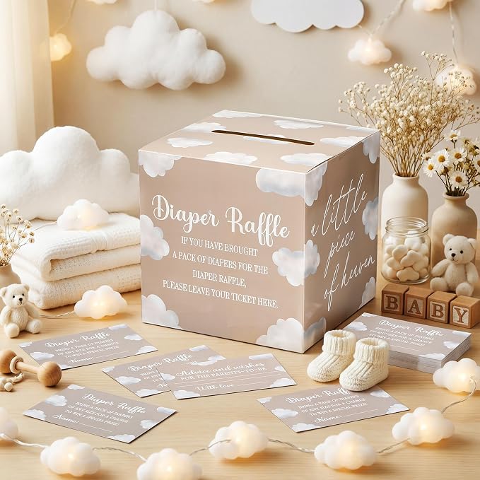 Teling 51 Pieces Diaper Raffle Tickets with Card Box Baby Shower Decorations Gender Reveal Holder Box for Girl Boy Diaper Raffle Party(Cloud 9 Style)