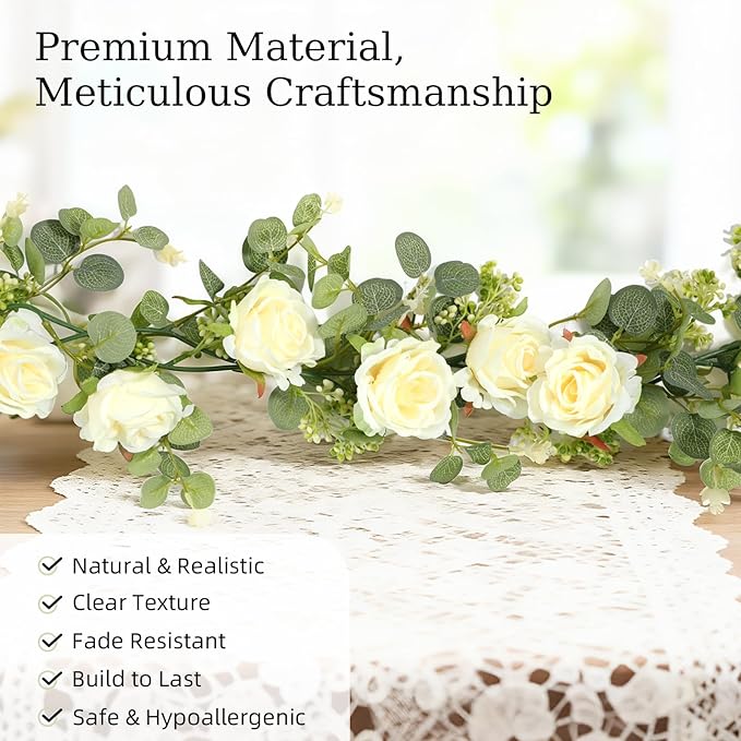 Lewondr Artificial Eucalyptus Garland with Flower, 2Pack 13FT Faux Floral Greenery Garlands Fake Flowers Vines, Maintenance-Free for Wedding Table Backdrop Party Centerpiece Room Decor, Champagne