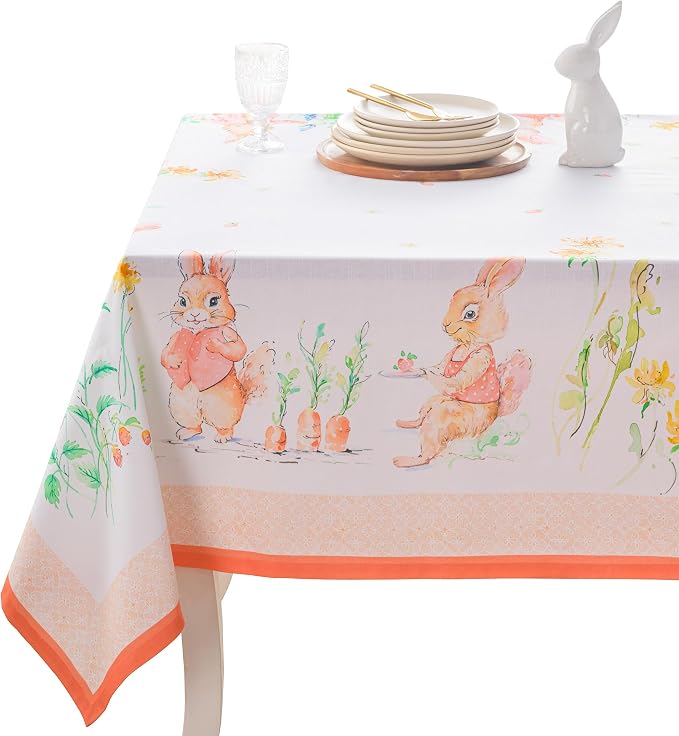 Maison d' Hermine Table Cloth Rectangle Table 100% Cotton 70 x 120 Inches Tablecloth Reusable Decorative for Dining Kitchen Room Farmhouse Party Home Hotel Restaurant Spring Summer - Bunny Party