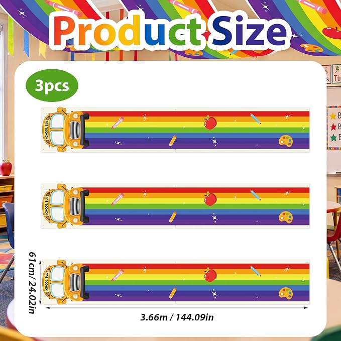Feifeiya 3 Pcs 36 ft Rainbow Back to School Hanging Ceiling Decor Rainbow Cloud and Bus Ceiling Banner Hanging Bunting for Back to School VBS Birthday Party
