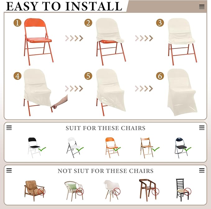 Newwiee 50 Pcs Spandex Chair Covers Bulk - Stretch Folding Flat Front Fitted Universal Chair Protector Pack Removable Washable for Wedding Party Dining Banquet Event (Beige)