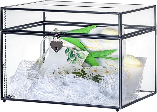 NCYP Large Wedding Glass Cards Box with Slot and Lock for Reception, 12 x 9.4 x 8.4 Inches - Keepsake Card, Envelope Holder, Birthdays Party Decor, Centerpiece, Black (Glass Box Only)