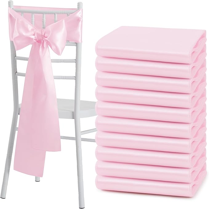 10 Pcs Pink Satin Chair Sashes Bows Universal Chair Cover for Wedding Reception Events Banquets Party, Hotel Event Decorations, 6 x 108 inch