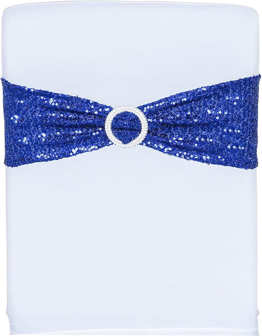 SquarePie Pack of 10 Sequin Chair Sashes Bands Glitter Navy Blue Double-Sided Sequins Stretch Chair Cover Bows with Buckle Slider for Wedding Party Fiesta Banquet Decor