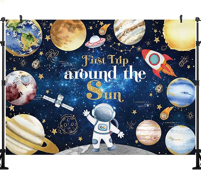 First Trip Around The Sun Baby Shower Backdrop for Kids Space Theme Birthday Party Decorations Astronaut Planets Rocket Galaxy Background Banner Photo Booth Props 7x5ft