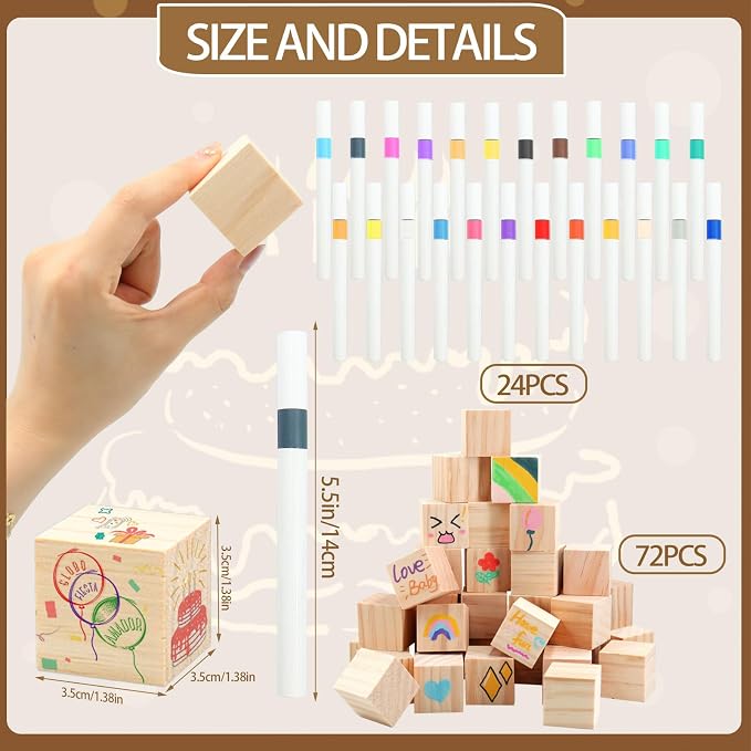 97 Pcs Baby Shower Games Sign Kit,Including Decorate a Block Game Sign 72 DIY Blank Wooden Block 24 Pen to Draw Your Idea for Baby Shower Game Gender Reveal Party