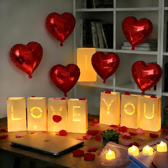 I Love You Light Up Letters with Tea Lights Candles Rose Petals Heart Balloons Luminary Paper Bags for Romantic Valentines Wedding Anniversary Banner Sign Decorations to Loved One(2068Pcs)