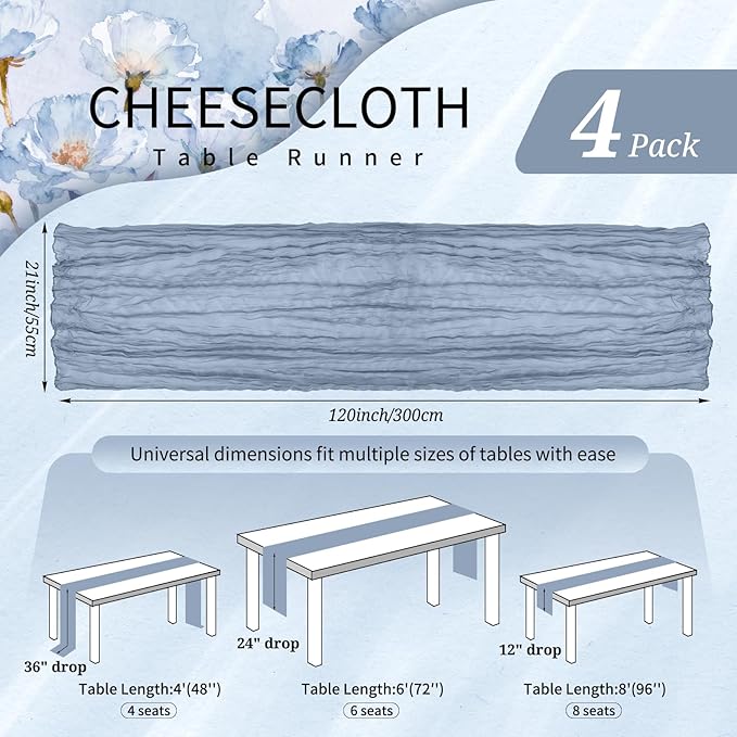 4 Pack Cheesecloth Table Runner 10FT Dusty Blue Table Runner Boho Gauze Cheese Cloth Table Runners Long Rustic Sheer Table Decorations for Wedding Party Baby Bridal Shower Birthday Holiday Home