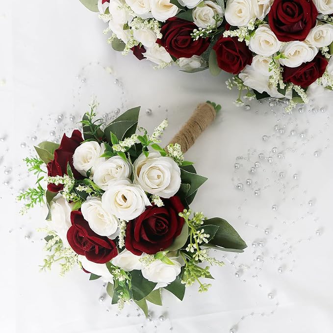 Bridesmaid Bouquet Flower for Wedding - 7 Inch Artificial Flower Bouquet for Bridesmaids Bridal Shower Party Ceremony Anniversary Table Centerpieces Decor - Burgundy & White