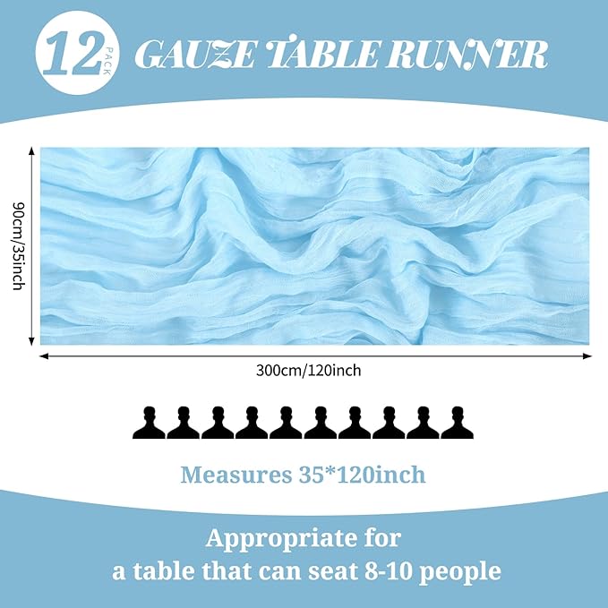 12 Pack 10Ft Baby Blue Cheesecloth Table Runner 35 x 120 inch Boho Gauze Cheese Cloth Table Runner Vintage Rustic Sheer Runners for Wedding Bridal Shower Birthday Party Cake Table Decorations