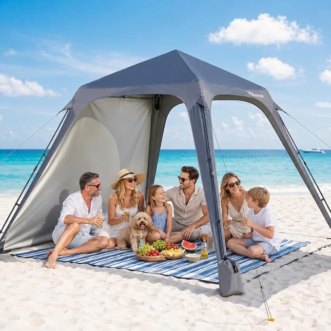 Slsy Beach Tent 10 x 10 FT, Beach Shelter with Removable Side Wall, UPF 50+ Canopy Cabana for Sun Protection, Easy Setup Shade with Sandbags, Stakes & Guy Lines, Wind Resistant, Fits 6-8 People