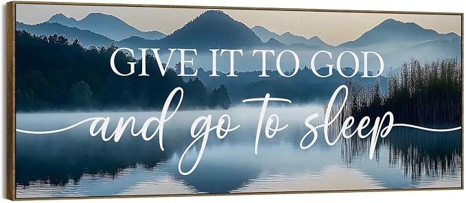 TLESKE Give It to God and Go to Sleep Sign Large Wall Art Decor Framed 15x40, Above Bed Over Bed Canvas Wall Art Decor Print for Bedroom, Boho Mountains Bedroom Signs Wall Artwork Picture