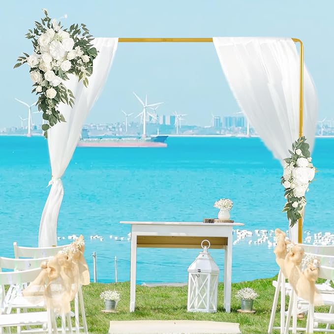 8.2FT Square Wedding Arch Backdrop Stand,Balloon Arch Stand, Metal Gold Backdrop Adjustable Stand Heavy Duty, Extra 2 Clamps Change Over The Table Rod Stand for Party Decoration,Garden Trellis Frame