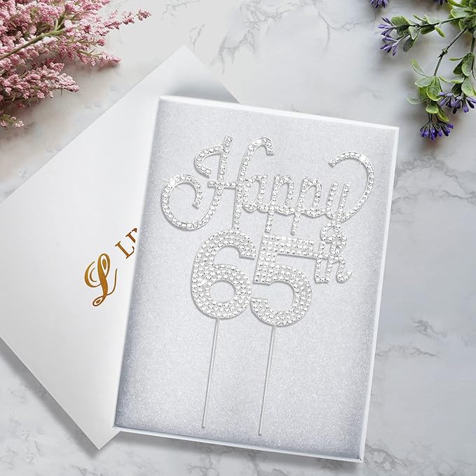 LINGTEER Happy 65th Birthday Silver Rhinestone Cake Topper - Cheers to 65th Birthday 65 Years Old Anniversary Party Cake Centerpieces Topper Decorations Gift Sign.