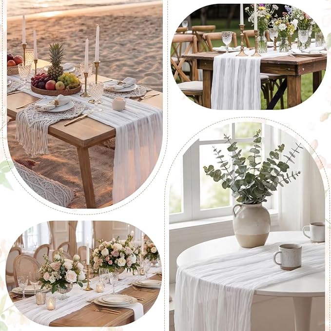 6 Pack White Cheesecloth Table Runner 35"×120" Gauze Fabric Table Runner Rustic Sheer Runner for Wedding Birthday Baby Shower Party Table Decoration White 6 Pack