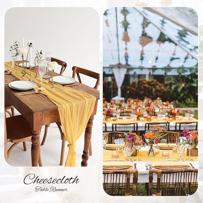 Showgeous 6 Pack Sand Cheesecloth Table Runner Gauze Table Runner 10FT Long Semi-Sheer Table Runner Boho or Rustic Wedding Table Decor for Wedding Decor Arch Draping Bridal Shower Holiday Party