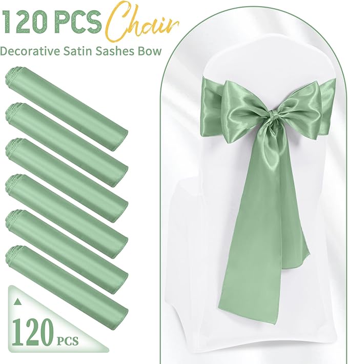 120 PCS Sage Green Satin Chair Sashes, Ties Bows Designed Chairs Decorative, Chair Cover Sashes for Thanksgiving Wedding Christmas Banquet Party Home Kitchen Decoration (7 x 108 inch)