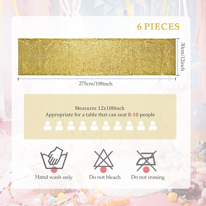 54 Pieces of Gold Sequin Chair Ribbons and Table Runners, 48 Sequin Chair Bows, 6 Glitter Table Runners, Suitable for Wedding Parties Birthday Meeting Events Decorations (Gold)