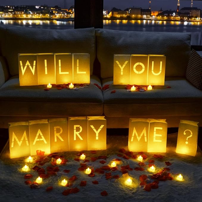 Homemory Will You Marry Me Light Up Letters Proposal Decorations with Flameless Candles and 2000 Fake Rose Petals, Valentine's Day Luminary Bags Decorations for Wedding Engagement