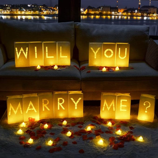 Homemory Will You Marry Me Light Up Letters Proposal Decorations with Flameless Candles and 2000 Fake Rose Petals, Valentine's Day Luminary Bags Decorations for Wedding Engagement