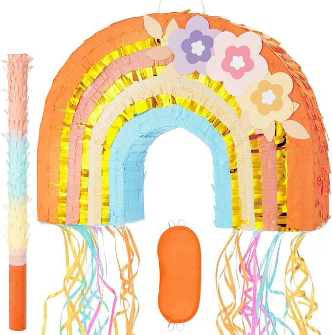 WERNNSAI Rainbow Piñata - Rainbow Pull String Piñata with Bundle with Blindfold and Bat for Girls Kids Boho Theme Birthday Party Decoration Game for Baby Shower Carnival Summer Party Supplies