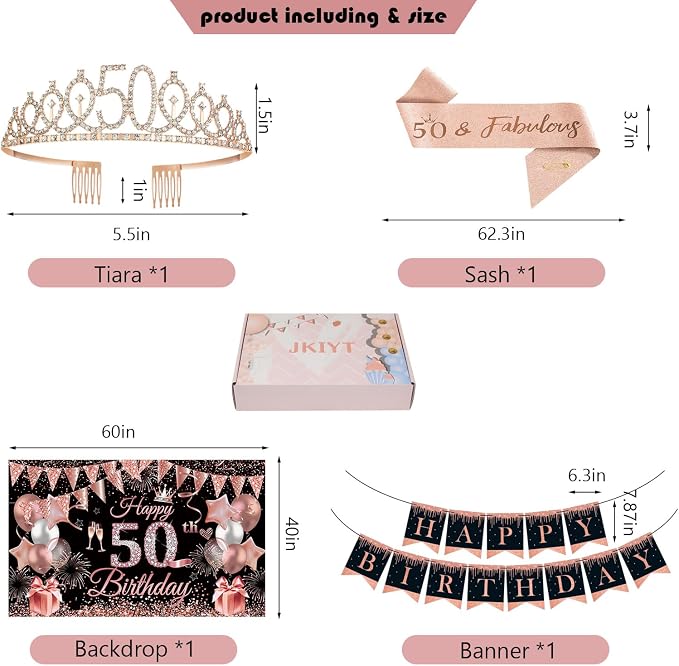 50th Birthday Decorations for Women, JKIYT Black Rose Gold Happy 50 Years Old Decor for Her Include Sash and Crown, 30pcs Balloons Banner 40" Number Balloons, Backdrop Cake Topper & Paper Pom Poms