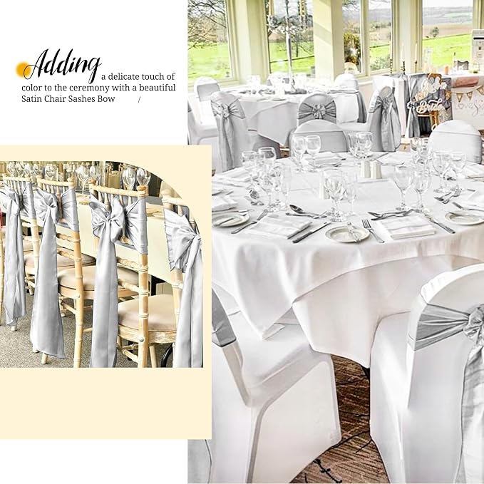 Pesonlook 60 PCS Silver Satin Chair Sashes Bows Satin Chair Sashes Universal Chair Cover for Wedding Reception Restaurant Event Decoration Banquet,Party,Hotel Event Decorations (7 x 108 inch)