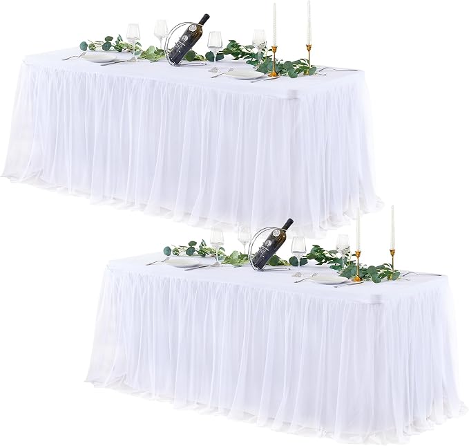 White Table Cloths 8 Foot Rectangle Stretch Ruffle Tulle Tablecloth Spandex Fitted Table Cover for 8 Foot Tables White Tulle Table Skirts Rectangle Tables 8ft Elastic Party Wedding Table Cloths 2Pack