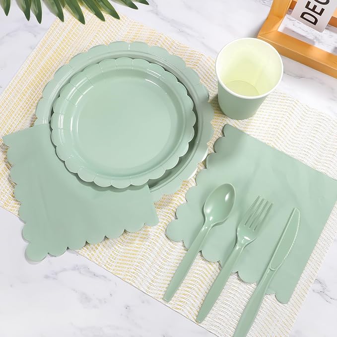 175 Pcs Party Plates and Cups and Napkins Sets, 9" Paper Plates, 7" Dessert Plate, 9oz Cups & Cutlery, 25 Guest Scalloped Sage Green Party Supplies for Wedding, Bridal Baby Shower, Birthday | 175 Pcs Sage Green Party Decor Include 9" Paper Plates, 7" D...